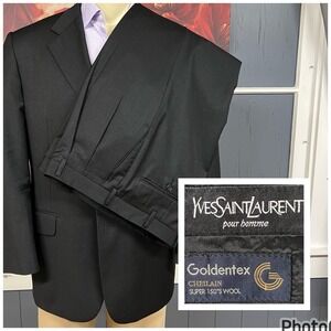 VTG Yves Saint Laurent Suit Men 42R Retro Fit Dark Charcoal Cuffed Pleated 34x30